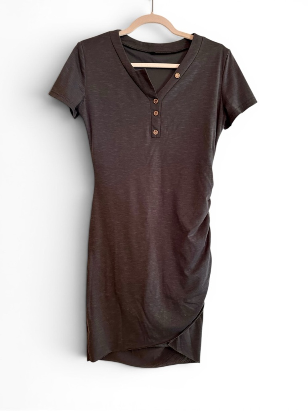 Charcoal Grey Henley Side-Ruched Short Sleeve Dress